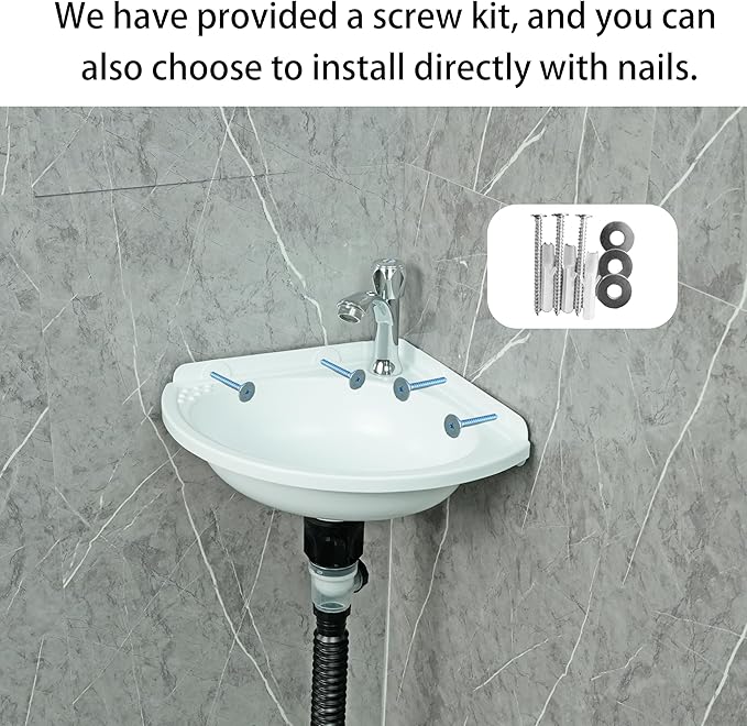 Small Bathroom Sink Wall Mount Bathroom Corner Sink, Triangular wash basin No-Drill Installation Self-Adhesive 12 x 12 Inch with 1.26 Inch Faucet Hole, Mini Rv sink Plastic Sink for Home, Dorm, Garage