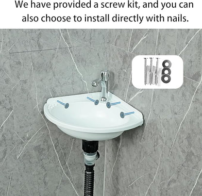 Small Bathroom Sink Wall Mount Bathroom Corner Sink, Triangular wash basin No-Drill Installation Self-Adhesive 12 x 12 Inch with 1.26 Inch Faucet Hole, Mini Rv sink Plastic Sink for Home, Dorm, Garage