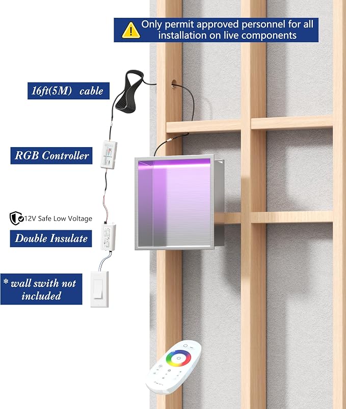 12X12 RGB Shower Niche, Brushed Nickel Stainless Steel LED Wall Niche, No Tile Needed Recessed Storage for Bathroom Storage Built-in Installation