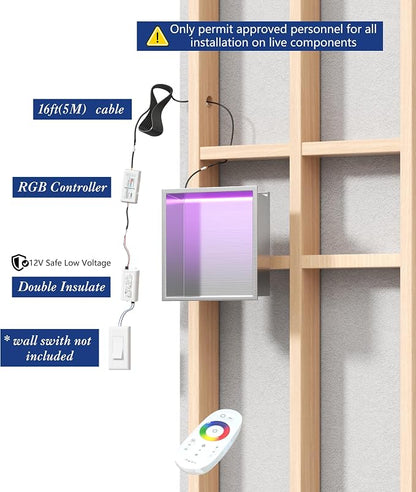12X12 RGB Shower Niche, Brushed Nickel Stainless Steel LED Wall Niche, No Tile Needed Recessed Storage for Bathroom Storage Built-in Installation