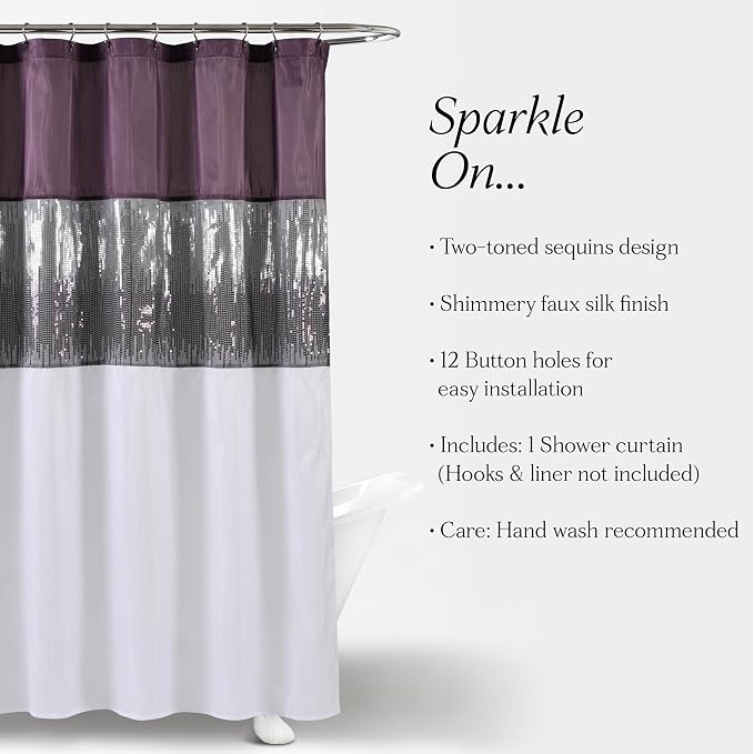Lush Decor Night Sky Shower Curtain, Single, 72" W x 72" L, Purple & White - Sequin Shower Curtain - Sparkly Color Block Bath Curtain - Modern Glam Bathroom Decor