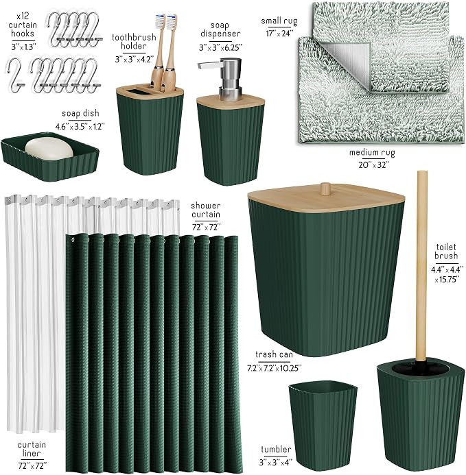 Clara Clark Bathroom Accessories Set - Bathroom Set, Bathroom Sets with Shower Curtain and Rugs, Shower Curtain Set with Bathroom Trash Can - Ombre Green - 22PC | 22 Piece Ombre Green Bathroom Accessories Set with Toothbrush Holder, Soap Dispenser, Soa...