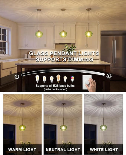 Green Pendant Lights Kitchen Island, 7.7" Vintage Glass Pendant Lighting with Brushed Nickel Adjustable Hanging Light Fixtures for Kitchen, Dining Room, Sink, Bathroom
