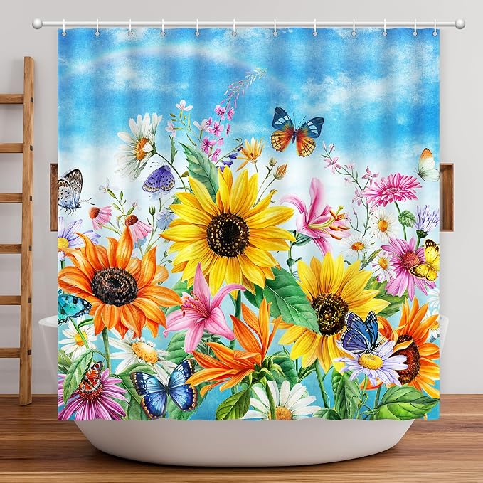 Shower Curtain Sunflowers Waterproof for Bathroom with Hooks 72x72 | Vibrant Colorful Floral Butterly Shower Curtain Washable Polyester Fabic Home Farmnouse Office Decor Bath Curtains