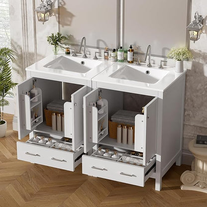 Favfurish 48" Bathroom Vanity with Ceramic Double Sink, Undermount Double Basin Vanity Set w/2 Divided Drawers and 4 Double-Layer Soft Close Doors & Built-in Shelf, Freestanding Storage Cabinet,White