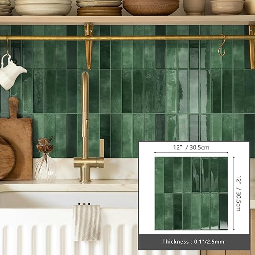 10 Sheets Upgraded Thicker Design Subway Tile Peel and Stick Backsplash | 12”×12”Self Adhesive Wall Tiles Stick on Back Splash for Kitchen,Bathroom,Camper(Forest Green)