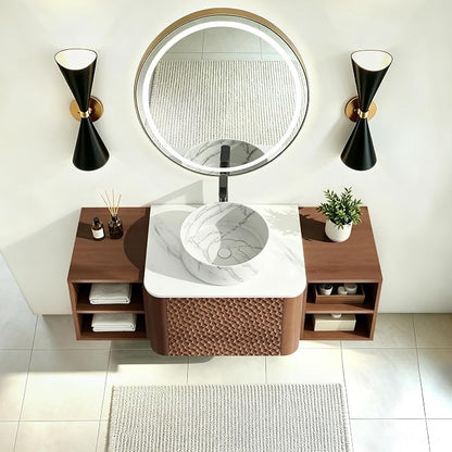 48 Inch Modern Bathroom Vanity with Ceramic Sink, Floating Bathroom Sink Cabinet with Sintered Stone Top&Solid Wood Hammered Frame, Single Bathroom Vanities w/Soft-Close Drawer&2 Side Open Cube