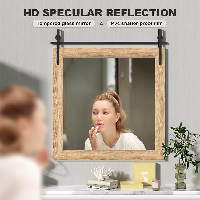 Hasipu Farmhouse Bathroom Mirror, 31"x31" Rustic Wood Framed Wall Mounted Mirror, Brown Vintage Vanity Mirror Barn Door Style Decrative Mirrors
