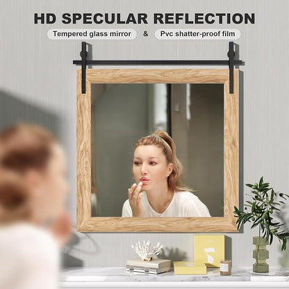 Hasipu Farmhouse Bathroom Mirror, 31"x31" Rustic Wood Framed Wall Mounted Mirror, Brown Vintage Vanity Mirror Barn Door Style Decrative Mirrors