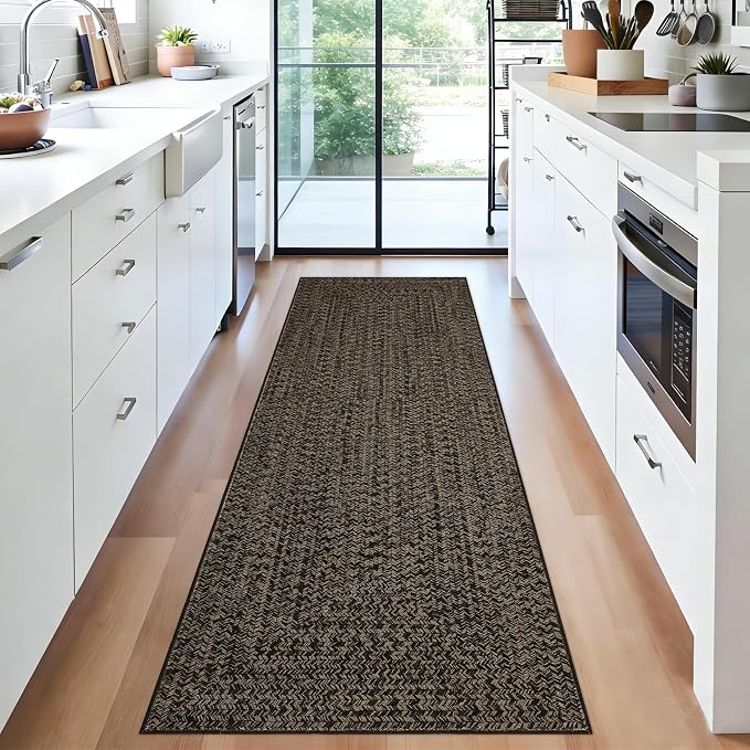Printed Washable Runner Rug 2x8 Runners for Hallways Braided Pattern Non Slip Bath Mat Modern Soft Bedroom Rug Farmhouse Kitchen Rugs Entryway Rugs Stain Resistant Carpet 2'x8' Black/Brown