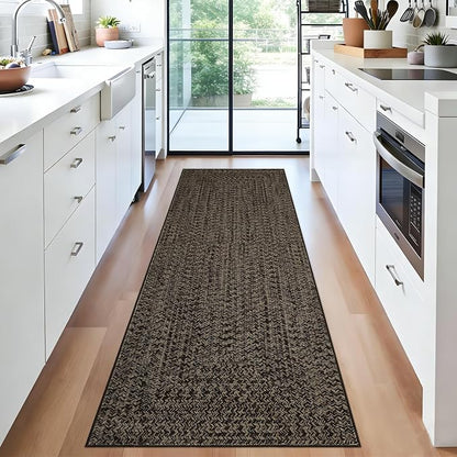 Printed Washable Runner Rug 2x8 Runners for Hallways Braided Pattern Non Slip Bath Mat Modern Soft Bedroom Rug Farmhouse Kitchen Rugs Entryway Rugs Stain Resistant Carpet 2'x8' Black/Brown