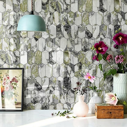 Vamos Tile Long Hexagon Peel and Stick Backsplash Tile - 10 Sheets Stick on Backsplash for Kitchen and Bathroom 12.4 x 12 Inch Glossy Ice Green PVC Self Adhesive Mosaic Wall Tiles