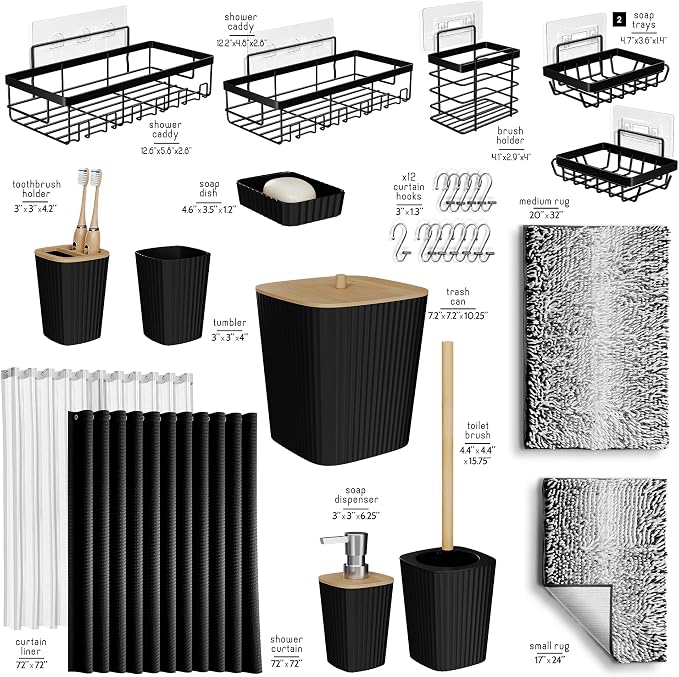 Clara Clark Bathroom Accessories Set - 27PC Bathroom Set with Adhesive Corner Shower Caddy Hanging, Bathroom Sets with Shower Curtain and Rugs, Ombre Black Shower Curtain Set with Bathroom Trash Can | 27 Piece Ombre Black Bathroom Sets with Shower Curt...