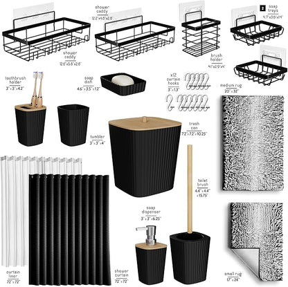 Clara Clark Bathroom Accessories Set - 27PC Bathroom Set with Adhesive Corner Shower Caddy Hanging, Bathroom Sets with Shower Curtain and Rugs, Ombre Black Shower Curtain Set with Bathroom Trash Can | 27 Piece Ombre Black Bathroom Sets with Shower Curt...