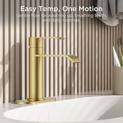 FORIOUS Brushed Gold Bathroom Faucet 1 Hole, Single Hole Gold Waterfall Faucet for Bathroom Sink with Deck Plate, Single Handle Vanity Tap Upgrade with Pop-up Drain and CUPC Hose for Rv, Lavatory