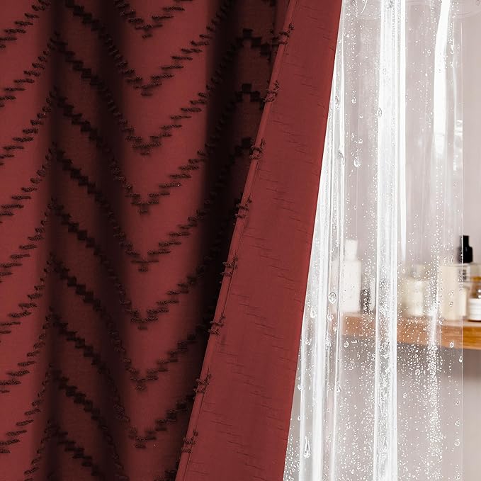 Dynamene Long Shower Curtain and Liner Set - 78 inch Tall Boho Shower Curtain and Waterproof Clear Liner, Tufted Chevron Striped Textured Tassel Shower Curtains for Bathroom, 12 Hooks, 72x78, Burgundy