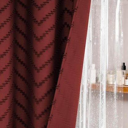 Dynamene Long Shower Curtain and Liner Set - 78 inch Tall Boho Shower Curtain and Waterproof Clear Liner, Tufted Chevron Striped Textured Tassel Shower Curtains for Bathroom, 12 Hooks, 72x78, Burgundy
