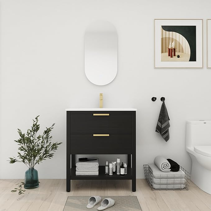 30'' Freestanding Bathroom Vanity, 30 Inch Floor Stand Bathroom Vanity with Sink, Single Ceramic Sink Cabinet Set, Modern Storage Cabinet, with Soft Closing Drawers, Storage Shelf, 01030BCTG