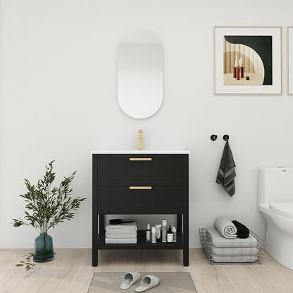 30'' Freestanding Bathroom Vanity, 30 Inch Floor Stand Bathroom Vanity with Sink, Single Ceramic Sink Cabinet Set, Modern Storage Cabinet, with Soft Closing Drawers, Storage Shelf, 01030BCTG