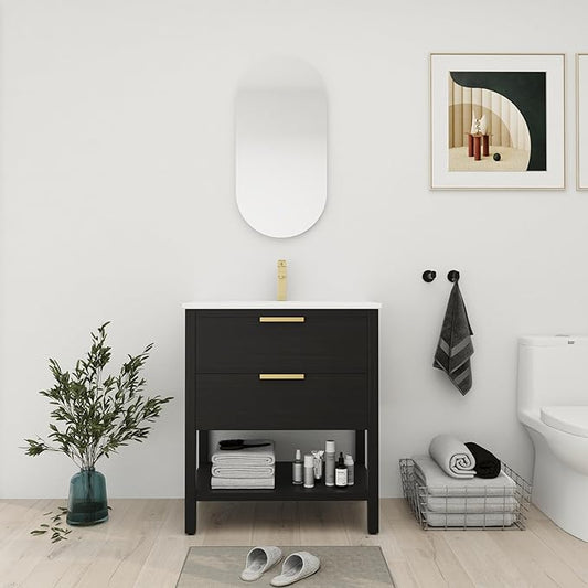 30'' Freestanding Bathroom Vanity, 30 Inch Floor Stand Bathroom Vanity with Sink, Single Ceramic Sink Cabinet Set, Modern Storage Cabinet, with Soft Closing Drawers, Storage Shelf, 01030BCTG