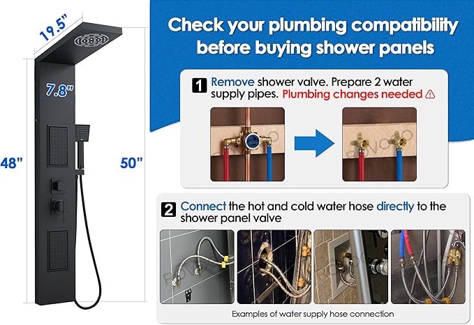 ROVOGO Led Shower Panel Tower System, Lighted Shower Head 2-Setting (Rainfall & Mist Mode), Large Body Jets, Handheld and Tub Spout, 50" Stainless Steel Shower Column with Mixer Valve, Black