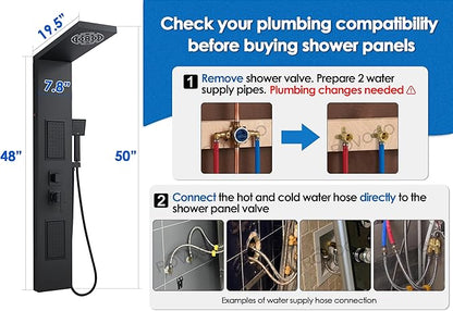 ROVOGO Led Shower Panel Tower System, Lighted Shower Head 2-Setting (Rainfall & Mist Mode), Large Body Jets, Handheld and Tub Spout, 50" Stainless Steel Shower Column with Mixer Valve, Black