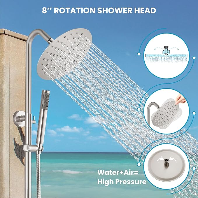 gotonovo 304 Stainless Steel Outdoor Shower Fixtures Exposed,Brushed Nickel | 8 Inch Rain Showerhead with Handheld Sprayer Outdoor Outside Shower Kit System Faucet Head Valve Wall Mount for Pool Backyard