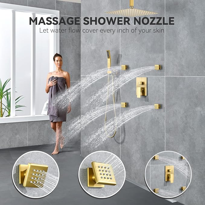 Rain Shower System With Complete 4 Pcs Body Sprays Jets And Pressured Balance Rough-in Valve,12Inch Rainfall Shower Head And Handheld, Modern Brushed Gold Ceiling Mount Shower Faucet Sets