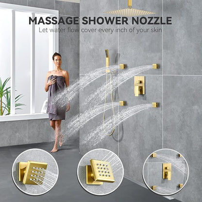 Rain Shower System With Complete 4 Pcs Body Sprays Jets And Pressured Balance Rough-in Valve,12Inch Rainfall Shower Head And Handheld, Modern Brushed Gold Ceiling Mount Shower Faucet Sets