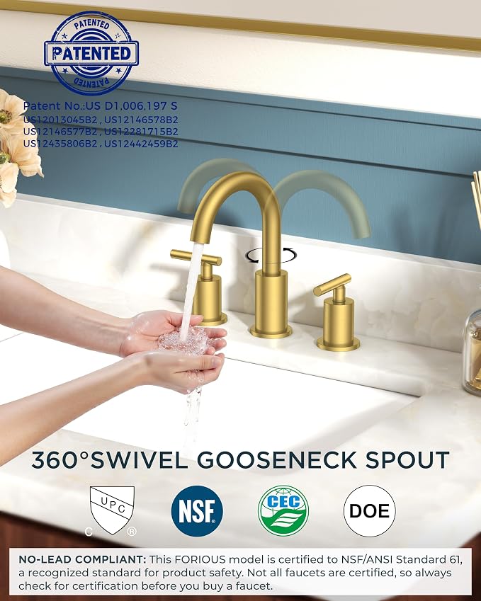 FORIOUS 8 Inch Brushed Gold Bathroom Faucet 3 Hole, Widespread Gold Faucet | Widespread Gold Sink Faucet Bathroom with 360° Swivel Spout, 2 Handle Gold Vanity Faucet 3 Holes with Water Saving Aerator