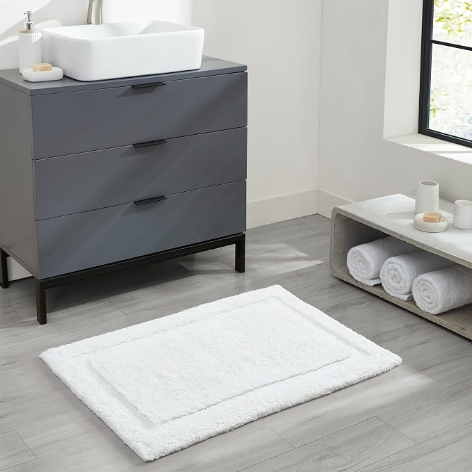 Jean Pierre New York Lydia Border 100% Cotton Bath Mat 2-Piece Set - Non-Slip Bath Rug - White - 17"x24" & 20" x 32"