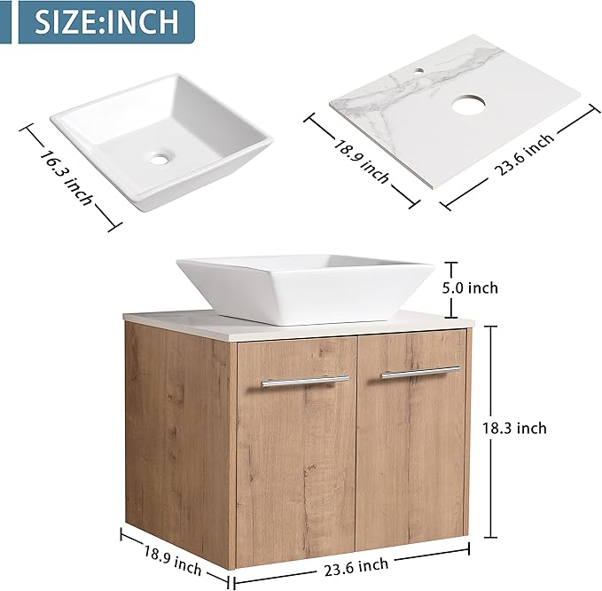 24" Floating Vanity with Sink, 24 Inch Bathroom Vanity with Sink, Modern Plywood Floating Cabinet with Sintered Stone Countertop and White Ceramic Basin, Soft Close Doors