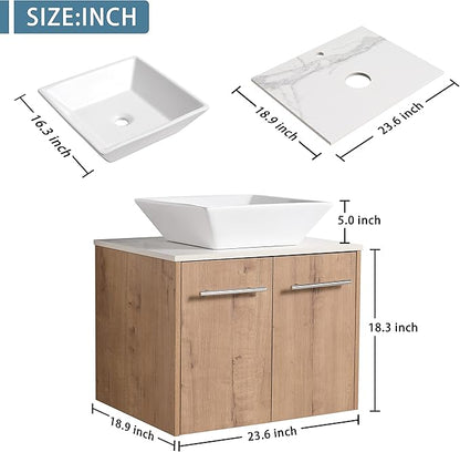 24" Floating Vanity with Sink, 24 Inch Bathroom Vanity with Sink, Modern Plywood Floating Cabinet with Sintered Stone Countertop and White Ceramic Basin, Soft Close Doors