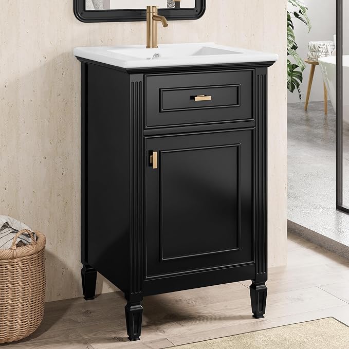 GDFStudio Hawthorne 20" Modern Bathroom Vanity with Sink, Freestanding Bathroom Vanity Organizer with Tilt Out Drawer, Adjustable Shelf and Solid Wood Legs, Single Sink Bathroom Vanity, Black