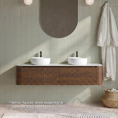 72" Preassembled Double Floating Bathroom Vanity with Round Sink, Walnut | Mid-Century Modern Style, Fluted & Soft-Close Drawer with U-shaped Wall, Sinterted Stone Countertop, Towel Rack Included