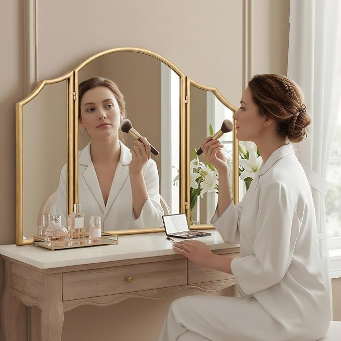 Besdomus Gold Scalloped Vanity Mirror: 36"x24" Three Sided Dresser Miror | Modern Minimalist Wood Frame Arched 3 Way Trifold Mirror for Bedroom/Cloakroom/Dressing Room/Wall - Home Decor for Housewife