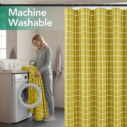 Fabric Farmhouse Shower Curtain-Extra Long Shower Curtains Bathroom Gold | 72"Wx84"L Faux Linen Grid Minimalist Simple Rustic Neutral Shower Curtain Decor-Cloth Geometric Plaid Washable Hotel Quality