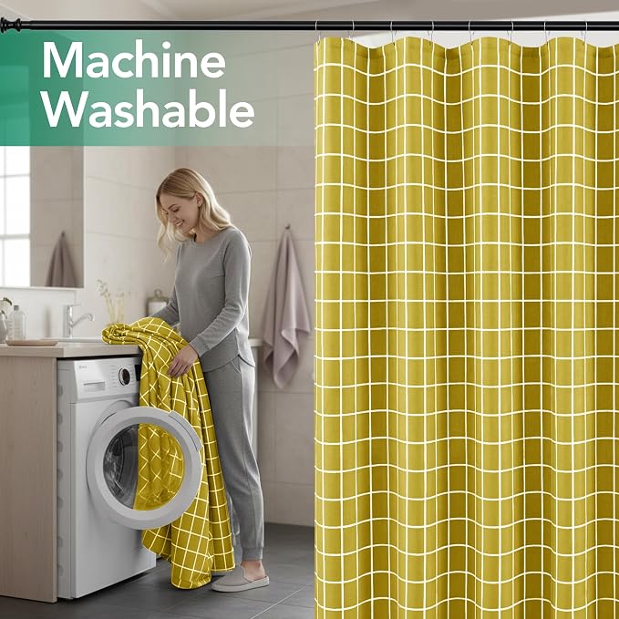 Gold Shower Curtains for Bathroom-Fabric Modern Farmhouse Shower Curtain | 70"Wx72"L Faux Linen Grid Minimalist Simple Rustic Neutral Guest Bathroom Decor-Cloth Geometric Plaid Washable Hotel Quality