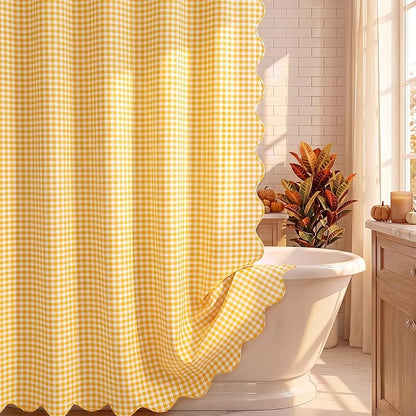 HunnmingRe Scalloped Gingham Shower Curtain Yellow | 72'' x 72'' Vintage Farmhouse Curtain, Cotton Cottage Core Rural Checkered Plaid Decor, Fall Shower Curtain for Bathroom