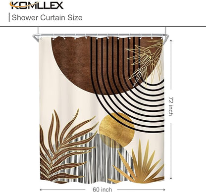 Mid Century Boho Abstract Modern Sun Minimalist Bathroom Shower Curtain Set | 60Wx72H Arch Golden design, waterproof HD print with fast-drying fabric and 12 hooks.