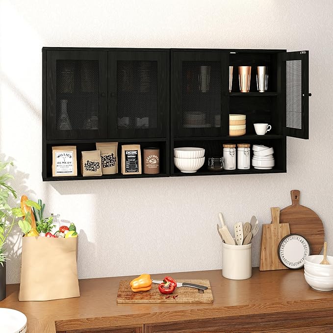 Bathroom Wall Cabinet, Wall-Mounted Rattan Medicine Cabinet with Double-Door, Floating Bathroom Cabinet Over Toilet for Laundry Room & Kitchen & Living Room 23.23 x 7.68 x 24 in