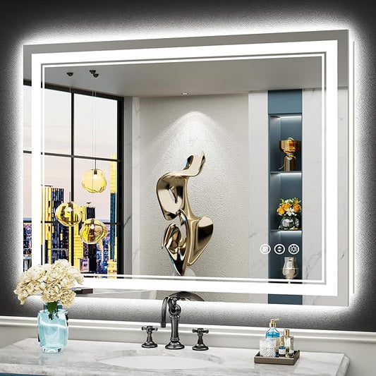 44x36 LED Bathroom Mirror with Lights, Backlit and Front Lit Anti-Fog Lighted Vanity Mirrors for Bathroom Wall, Dimmable, 3-Color Light, Memory, Shatter-Proof, HD Tempered Glass, CRI＞90