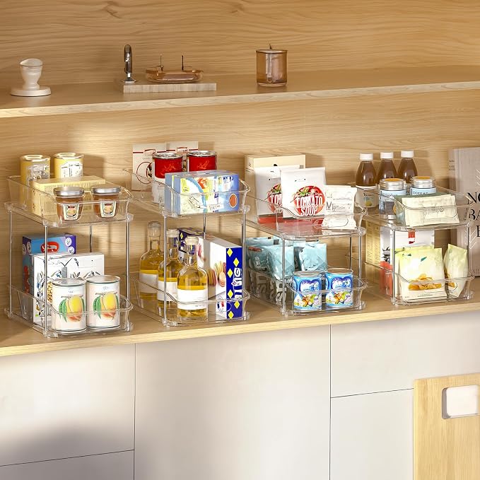 Delamu 2-Tier Under Sink Organizers and Storage, Multi-Purpose Stackable Bathroom Cabinet organizers, Pull Out Kitchen Pantry Organization and Storage with Dividers(3 Pack, Clear)