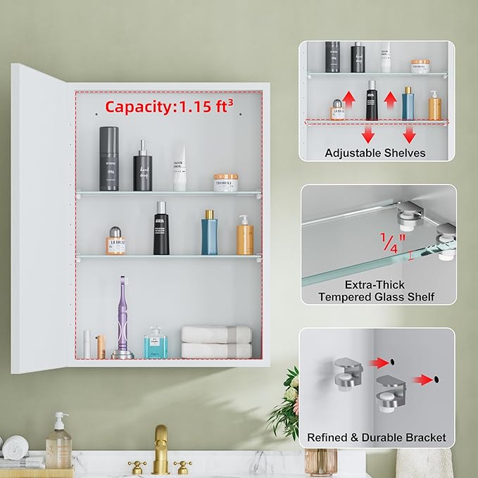 Buruis 20" x 28" Framed Medicine Cabinet with Mirror, Recessed or Wall Mounted Bathroom Cabinet, Adjustable Tempered Glass Shelves, Left/Right Open Reversible, No Assembly Required, White