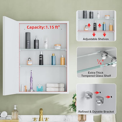 Buruis 20" x 28" Framed Medicine Cabinet with Mirror, Recessed or Wall Mounted Bathroom Cabinet, Adjustable Tempered Glass Shelves, Left/Right Open Reversible, No Assembly Required, White