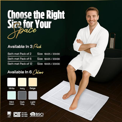 Pearl Linens Pack of 12 100% Cotton Bath Mat 18x25 inches, Soft & Absorbent Quick Dry Bathroom Mat Set, Not Bathroom Rugs, After Shower Mat, Bath Tub Mat, 781 GSM, Machine Washable, White