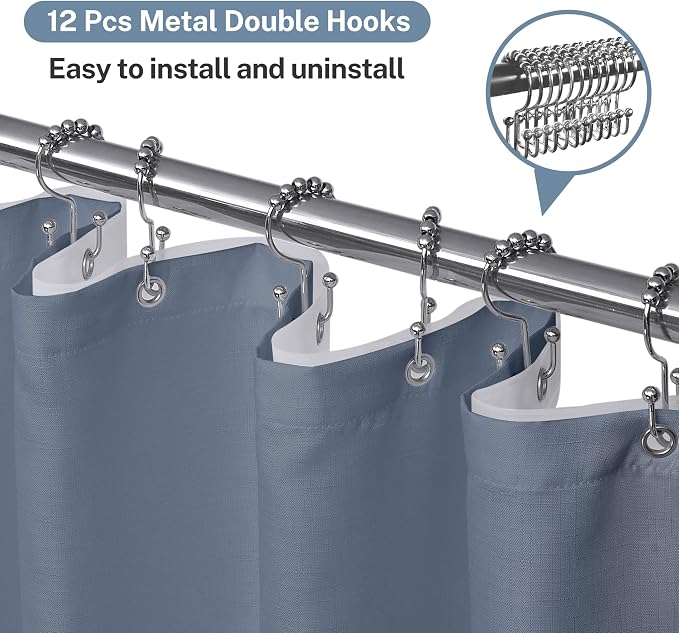 Shower Curtain and Liner, 3 in 1 Shower Curtain Set with 12 Double Sided Shower Curtain Hooks, Cloth Shower Curtains for Bathroom,Waterproof, Moonlight Blue 72 * 72