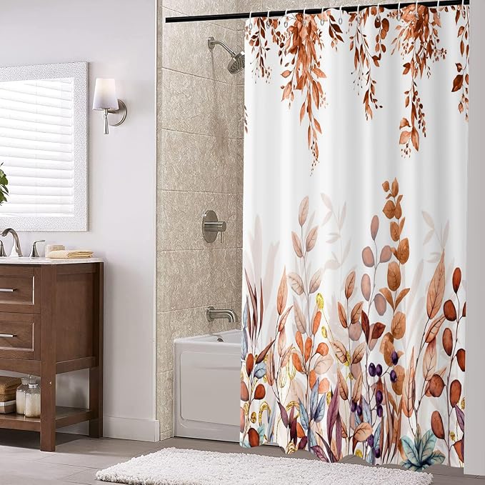 Fall Eucalyptus Leaf Long Shower Curtain, Watercolor Autumn Thanksgiving Botanical Plants Bathroom Curtain Bathtub Home Decor Waterproof Fabric Machine Washable with 12 PCS Hooks,72" Wx84 L