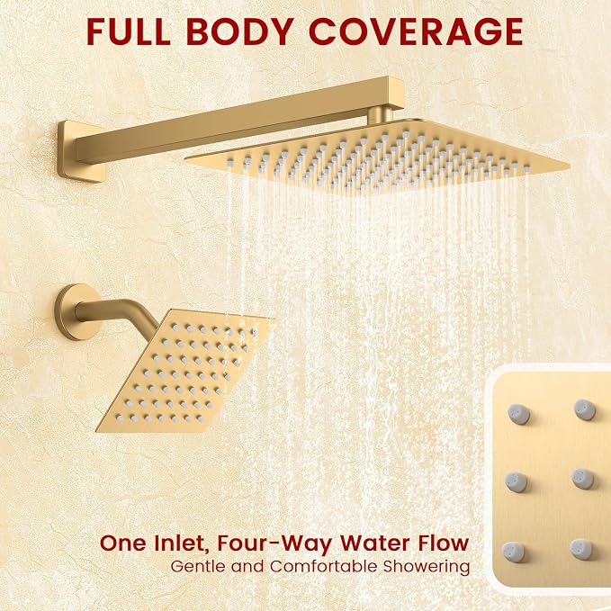 Longriver 3-Push Button Shower Faucet Set Hydro Power Temperature Display | Shower System Wall Mounted 10" & 6" Shower Head with 3-Spary Handheld, Shower Fixtures with Valve and Trim Kit, Brushed Gold