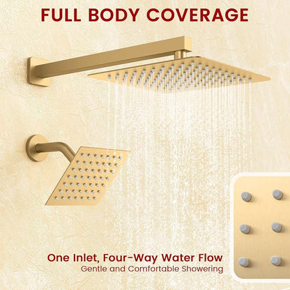 Longriver 3-Push Button Shower Faucet Set Hydro Power Temperature Display | Shower System Wall Mounted 10" & 6" Shower Head with 3-Spary Handheld, Shower Fixtures with Valve and Trim Kit, Brushed Gold